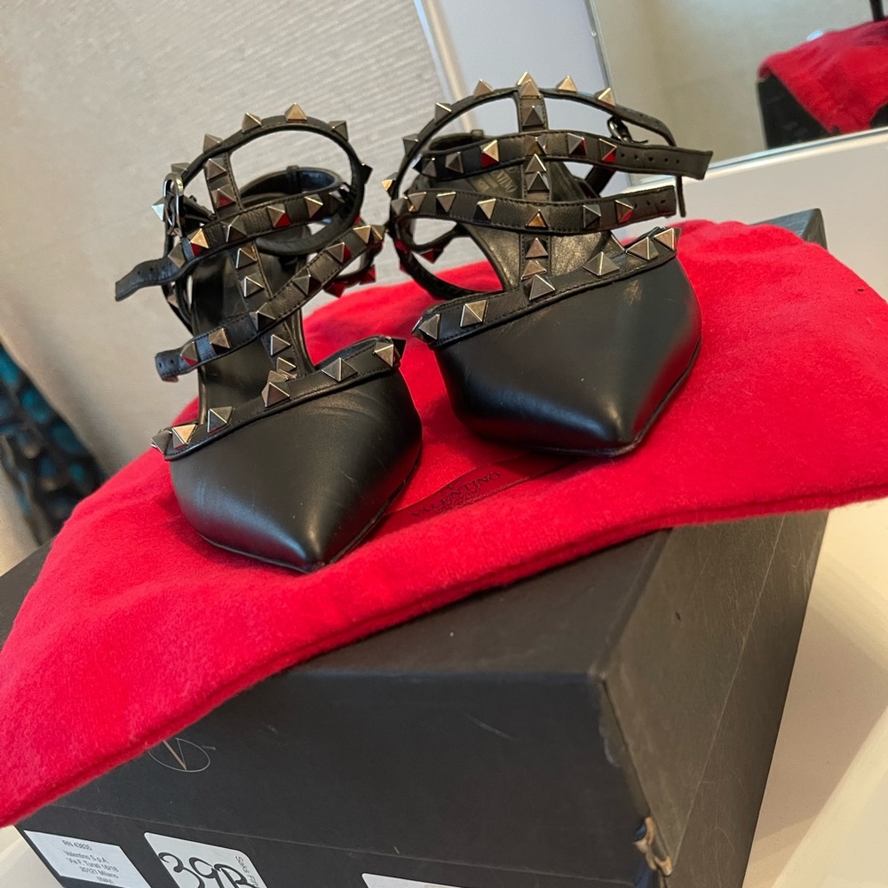 Valentino, Black, Pointy, Studed, Doublestrap on Ankle beautiful shoes.